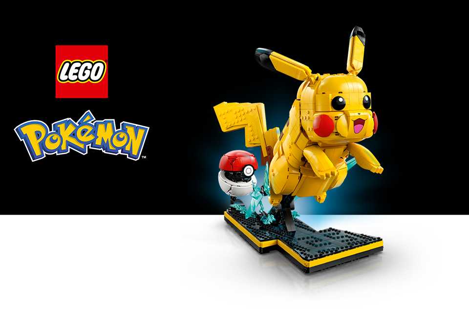 The LEGO® Pokémon Pikachu and Poké Ball set on a black background with the LEGO® and Pokémon logos.