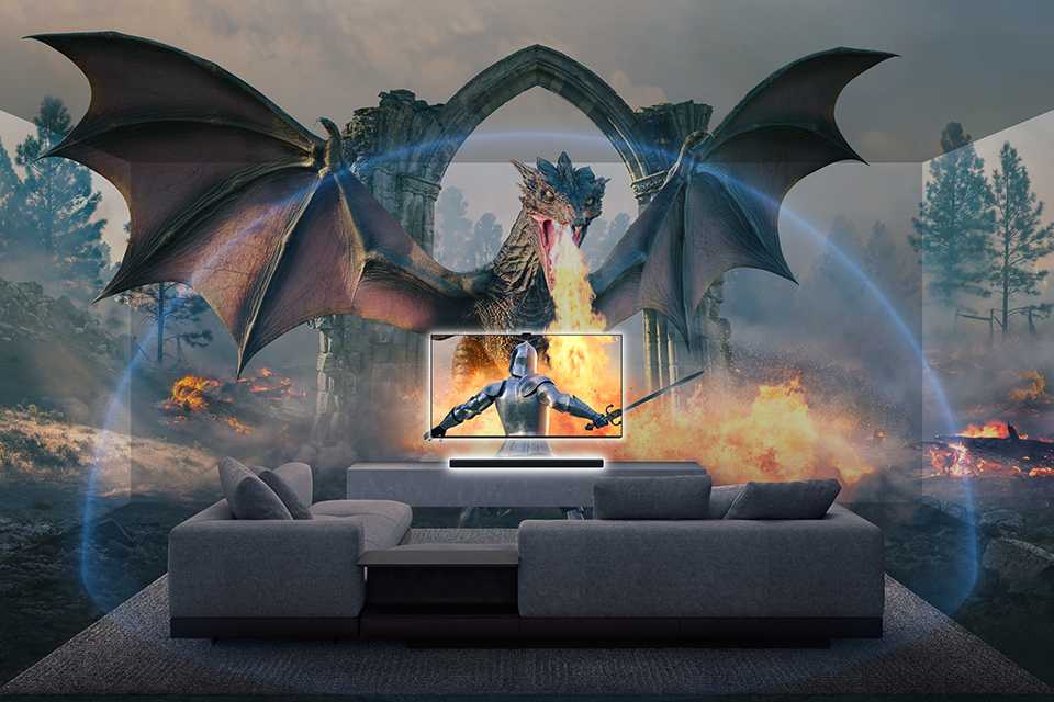 Cinematic shots of dragon breathing fire in the surrounding with Sony BRAVIA tv in the center of living room.