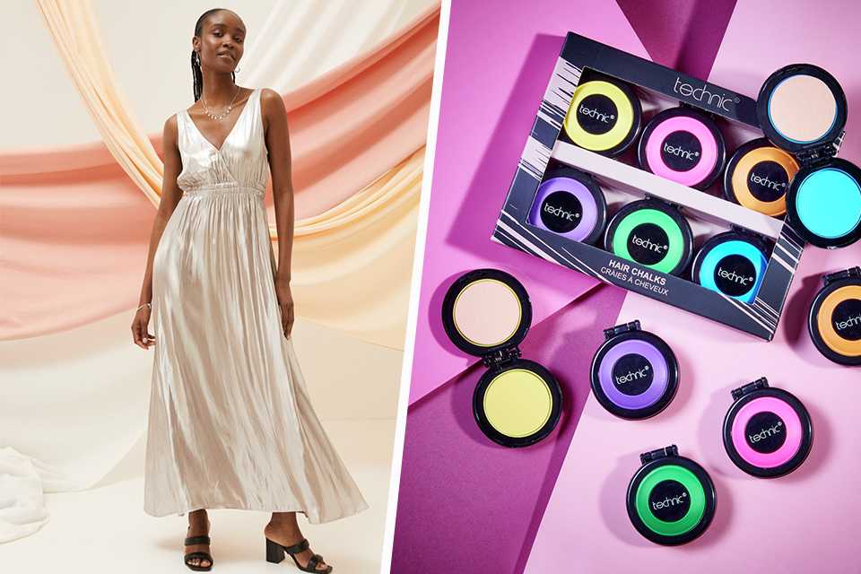 A split image of a women in FATFACE Mimosa Metallic Maxi Dress on one side and Technic Hair Chalks on other side.