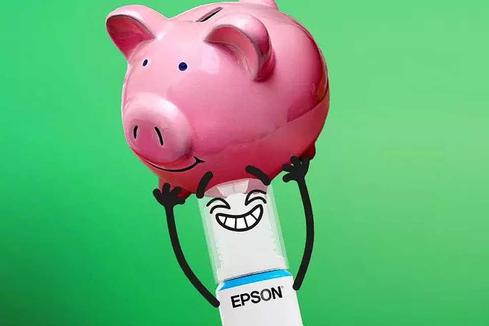 Animated Epson cartoon ink catridge holding up a piggy bank.