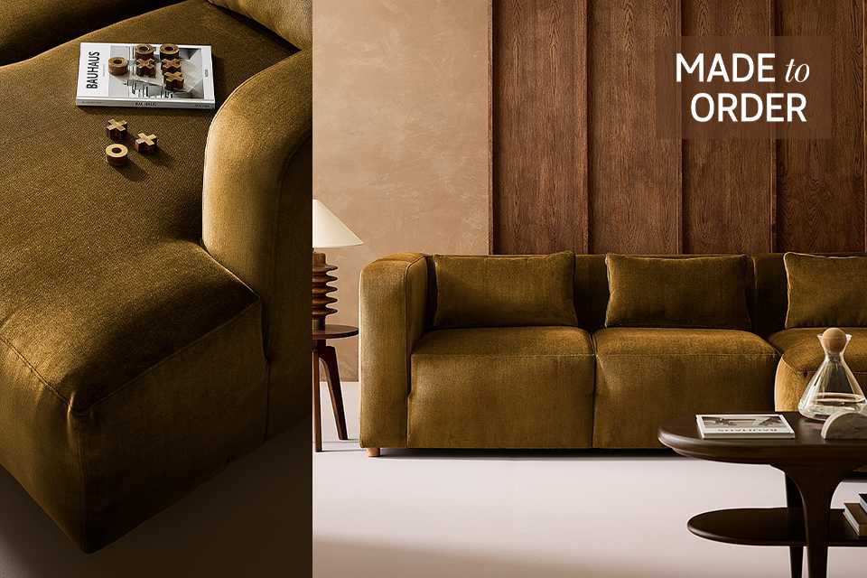 Brown velvet sofa in living room.