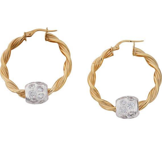 Buy 9ct Gold Twisted Hoop Silver CZ Glitterball Creole Earrings at