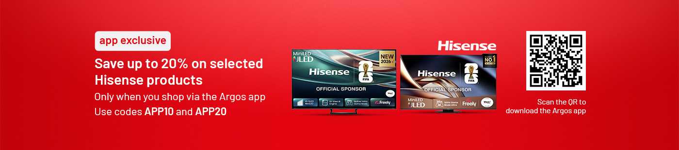 Save up to 20% on selected Hisense TVs with codes APP10 and APP20. Scan the QR code to download the app.
