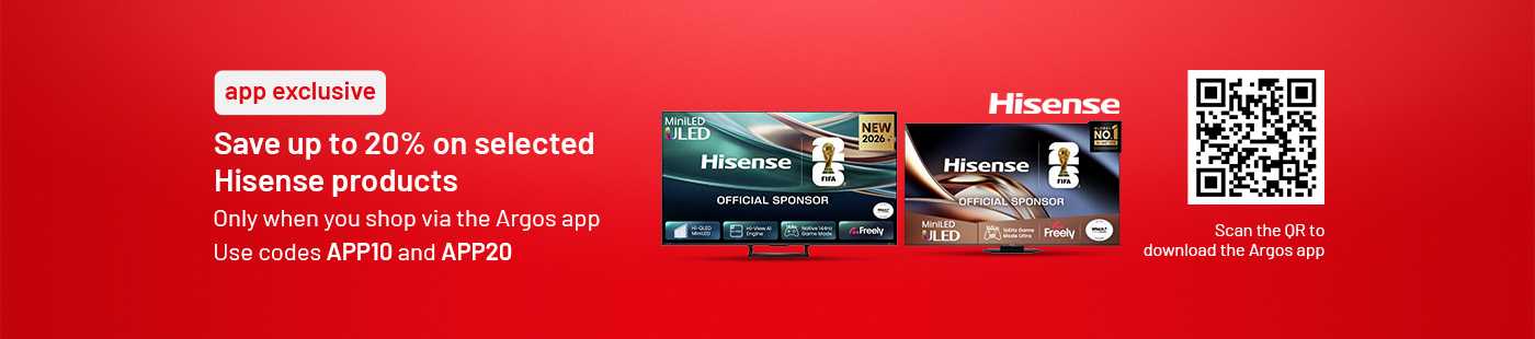 Save up to 20% on selected Hisense TVs with codes APP10 and APP20. Scan the QR code to download the app.