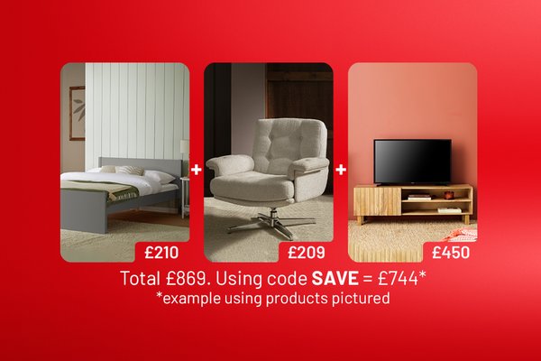 Spend and save on selected indoor furniture. Save £25 on £200 / save £60 on £400 / save £125 on £600 / save £250 on £1000.