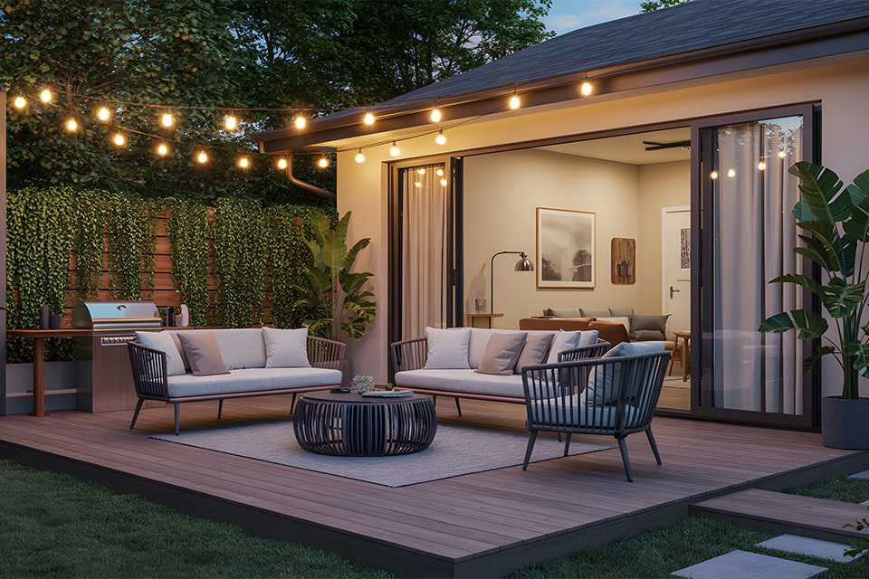 A cosy garden sofa set decorated with string lights.