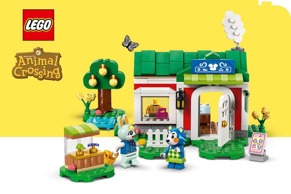 LEGO® Animal Crossing Able Sisters Clothing Shop on a yellow and white background with the LEGO® and Animal Crossing logos.
