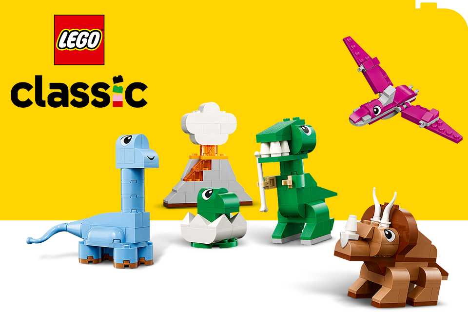 LEGO® Classic Creative Dinosaurs on a yellow and white background and the LEGO® and Classic logos.