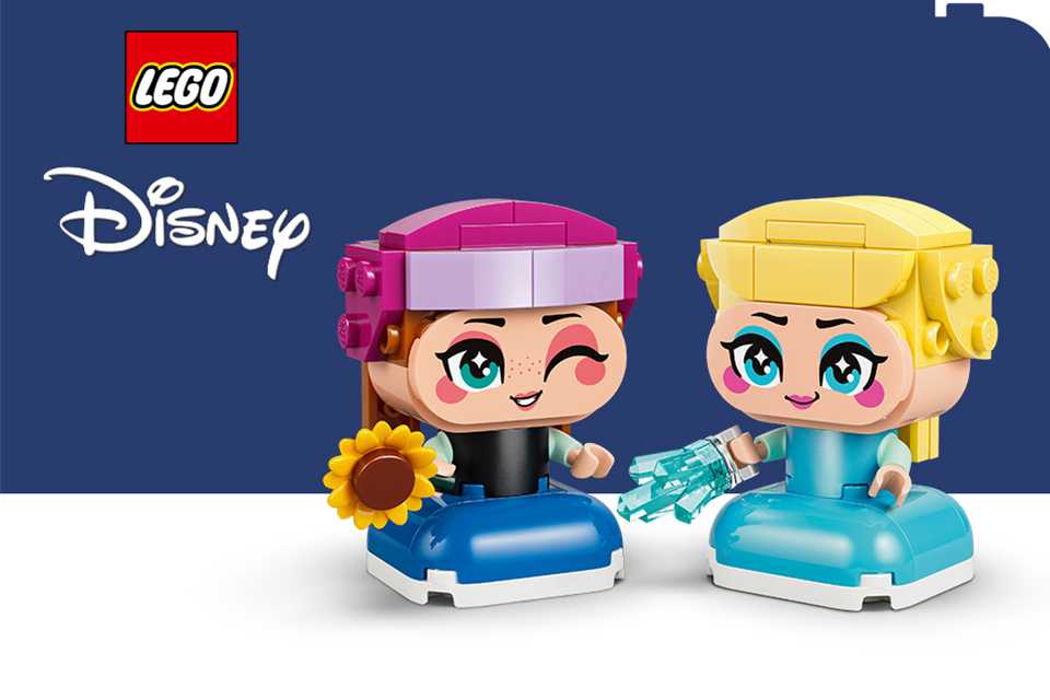LEGO® Disney Frozen Mini Anna & Elsa on a navy and white background with the LEGO® and Disney logos.