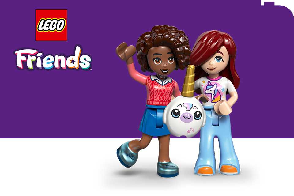 LEGO® Friends minifigures on a purple and white background with the LEGO® and Friends logos.
