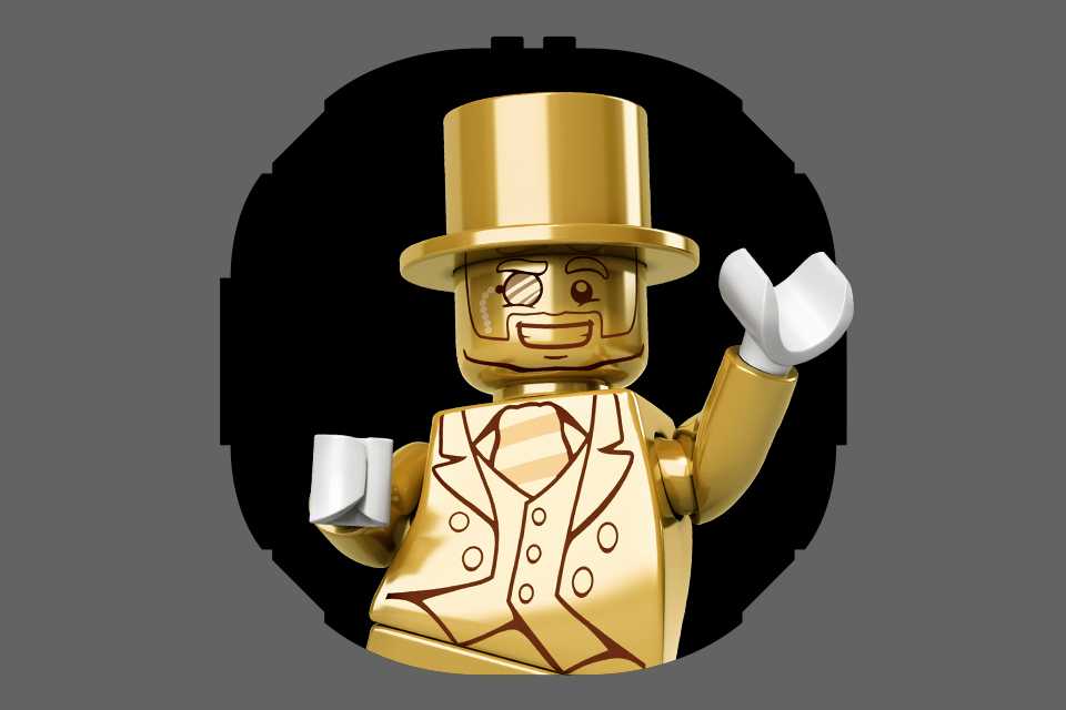 Golden LEGO® minifigure in a top hat on a black background.