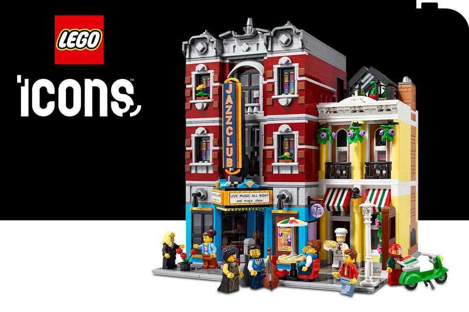 LEGO® Icons Jazz Club on a black and white background with the LEGO® and Icons logos.