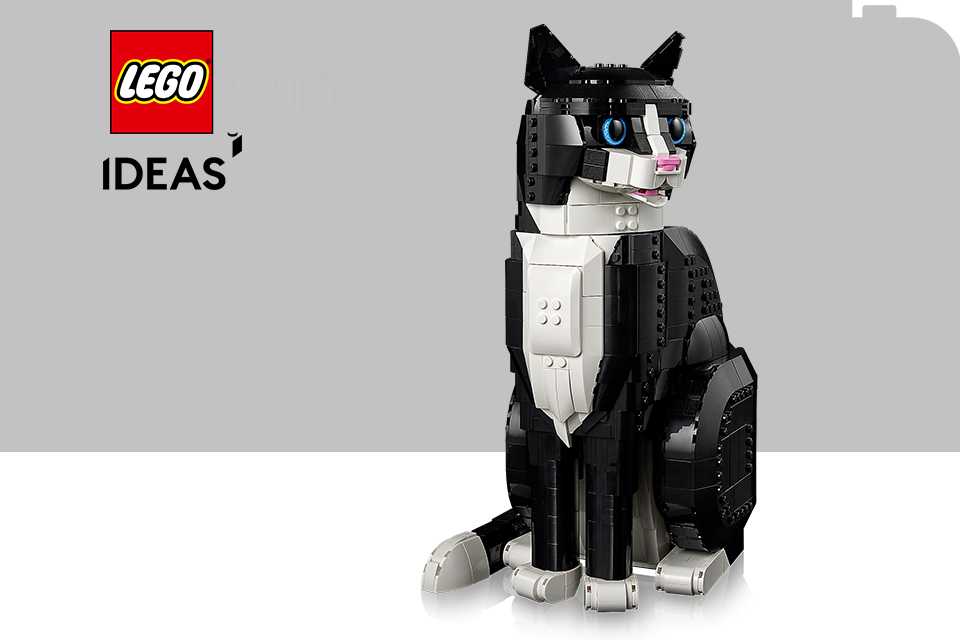 LEGO® tuxedo cat on a grey and white background with the LEGO® and Ideas logos.