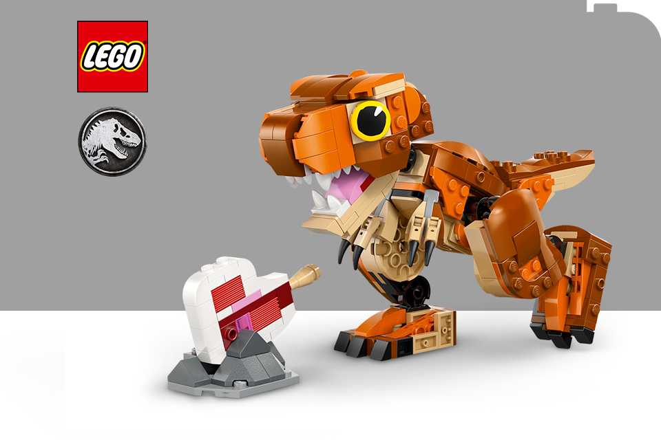 LEGO® Jurassic World Little Eatie T-rex on a grey and white background with the LEGO® and Jurassic World logos.