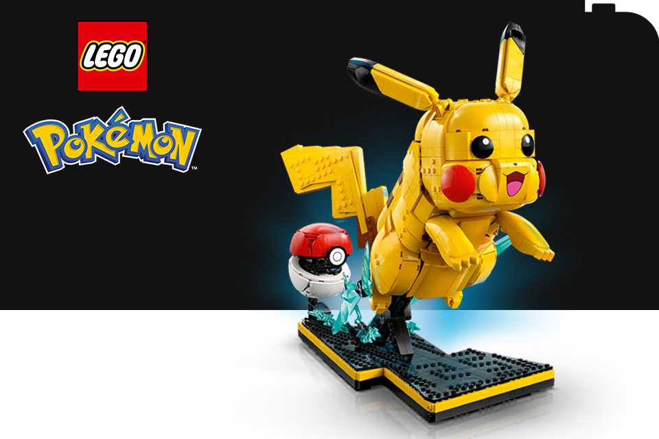 LEGO® Pikachu on a black and white background with the LEGO® and Pokémon logos.