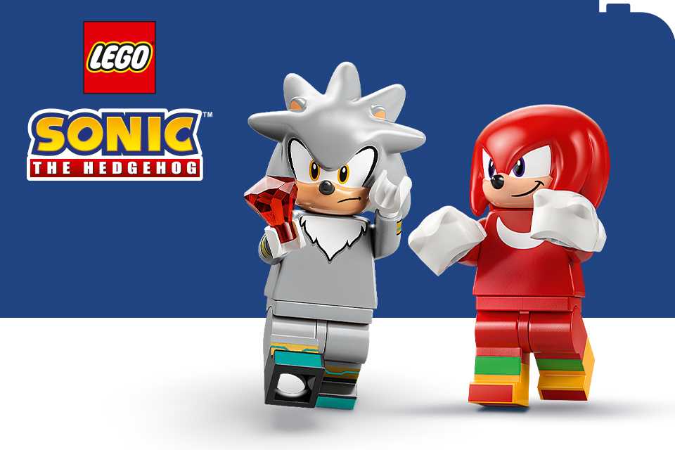 LEGO® Sonic the Hedgehog minifigures on a dark blue and white background with the LEGO® and Sonic the Hedgehog logos.