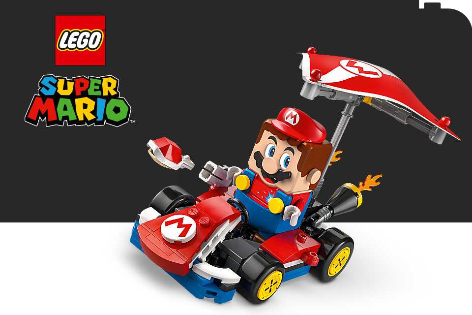 LEGO® Super Mario Kart on a black and white background with the LEGO® and Super Mario logos.