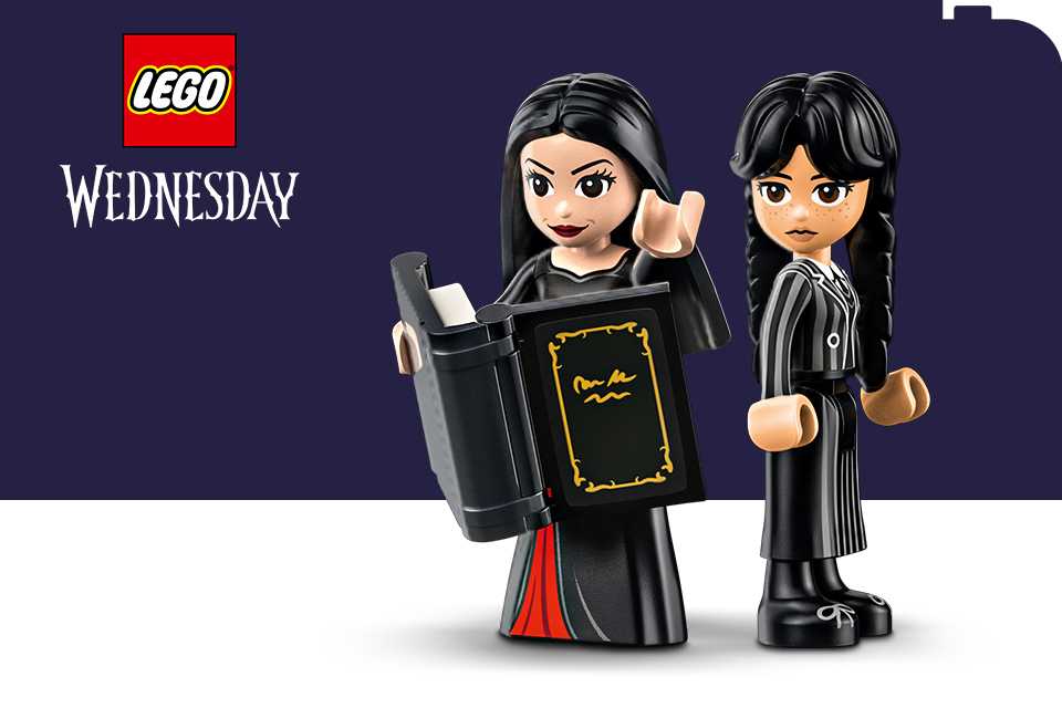 LEGO® Wednesday minifigures on a dark purple and white background with the LEGO® and Wednesday logos.