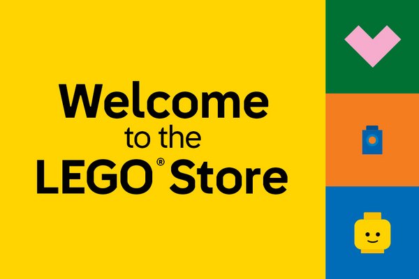 Welcome to the LEGO® Store message on a yellow background.