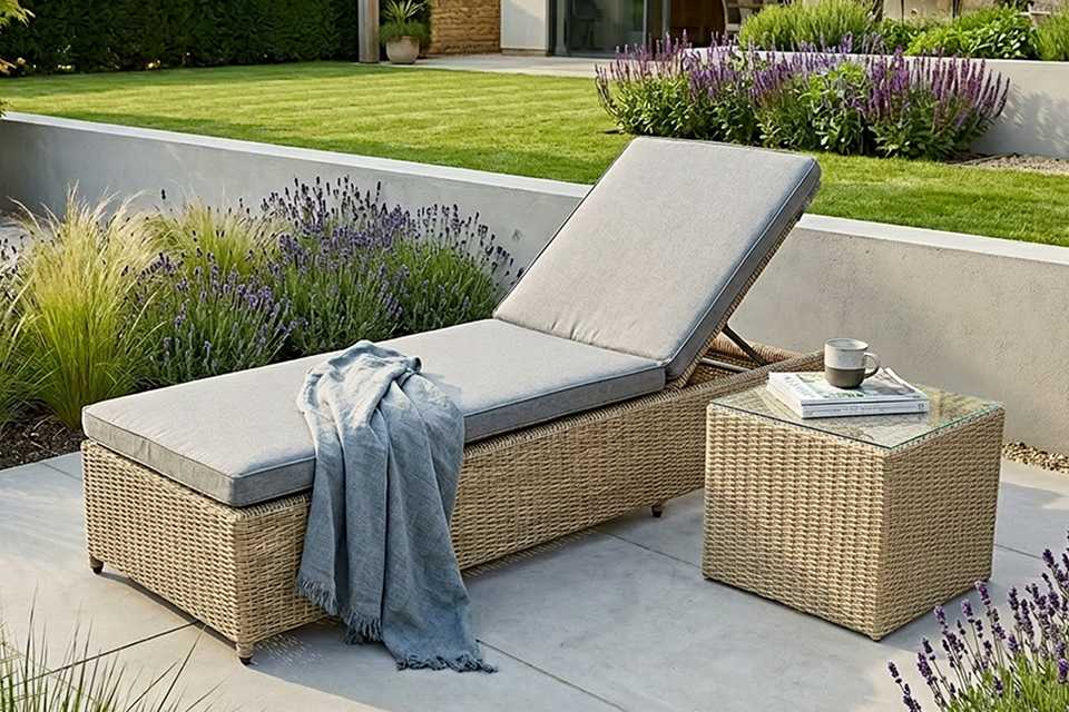 A beige Royalcraft Wentworth sunlounger placed outdoors.