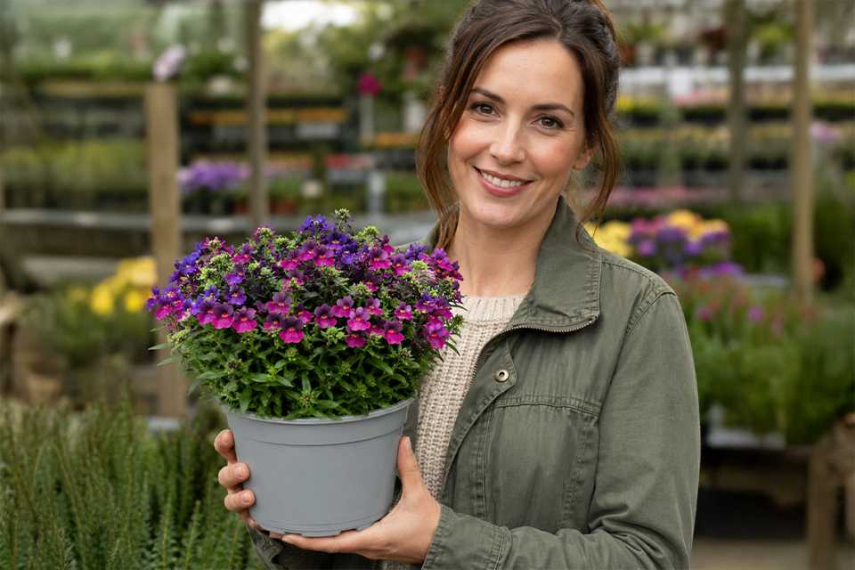 A woman with an Accelopack Lady Lisa 60cm purple nemesia plant in a pot.