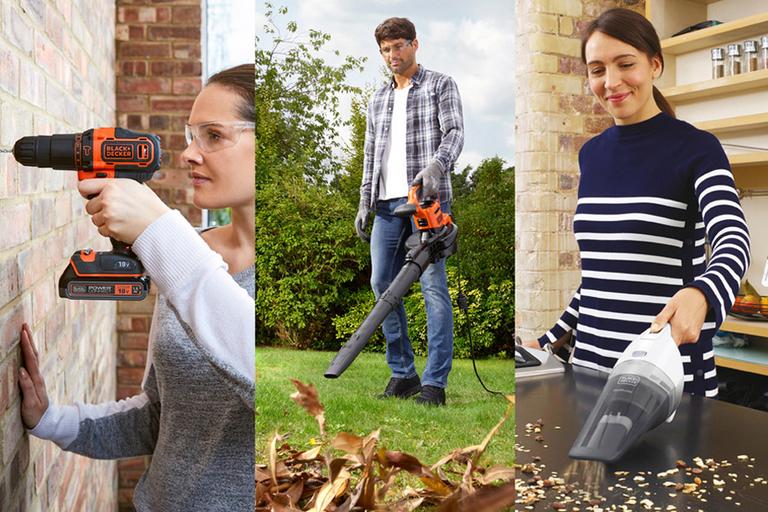 Woman using drill, man using leaf blower and woman using hand held vacuum.