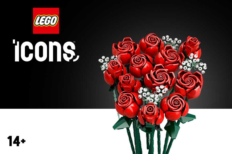 LEGO® Icons Bouquet of Roses set on a black background.