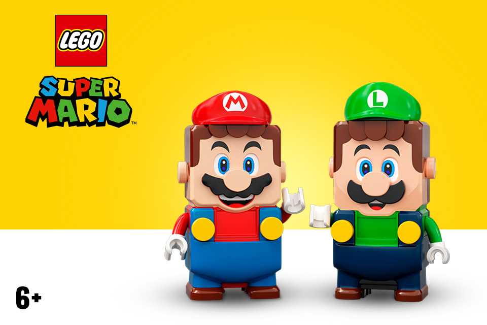 LEGO® Super Mario and Luigi figures on a yellow background.