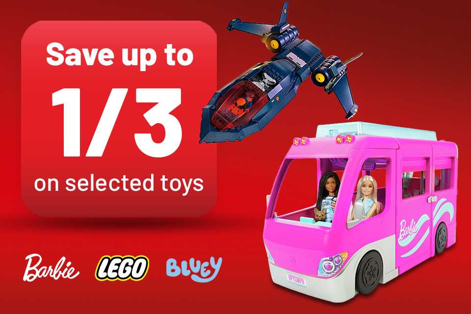 Save up to 1/3 on selected toys. Including LEGO®, Barbie, Bluey and more!