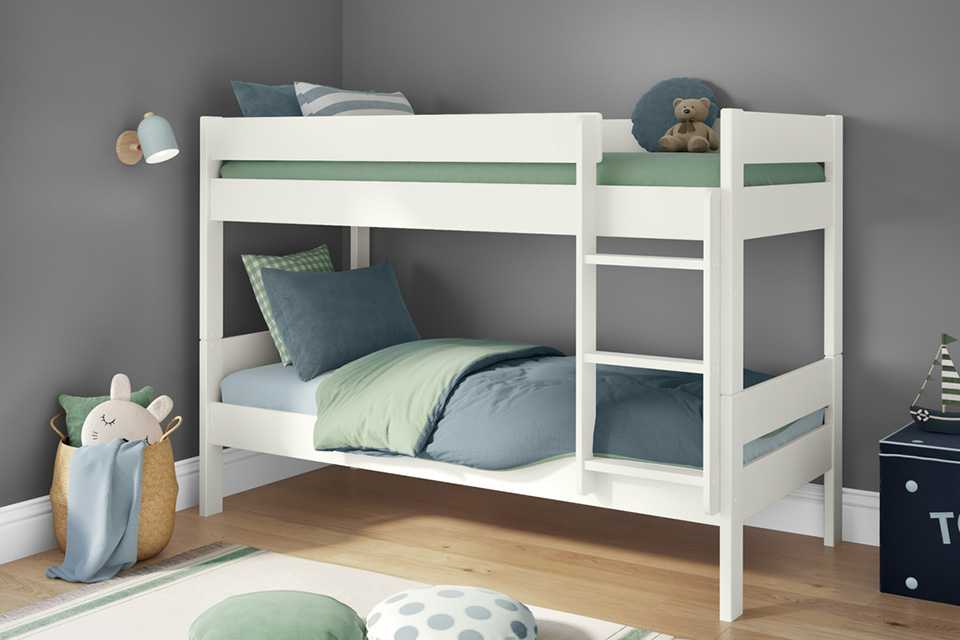 A Stompa compact detachable bunk bed frame with drawers in white.