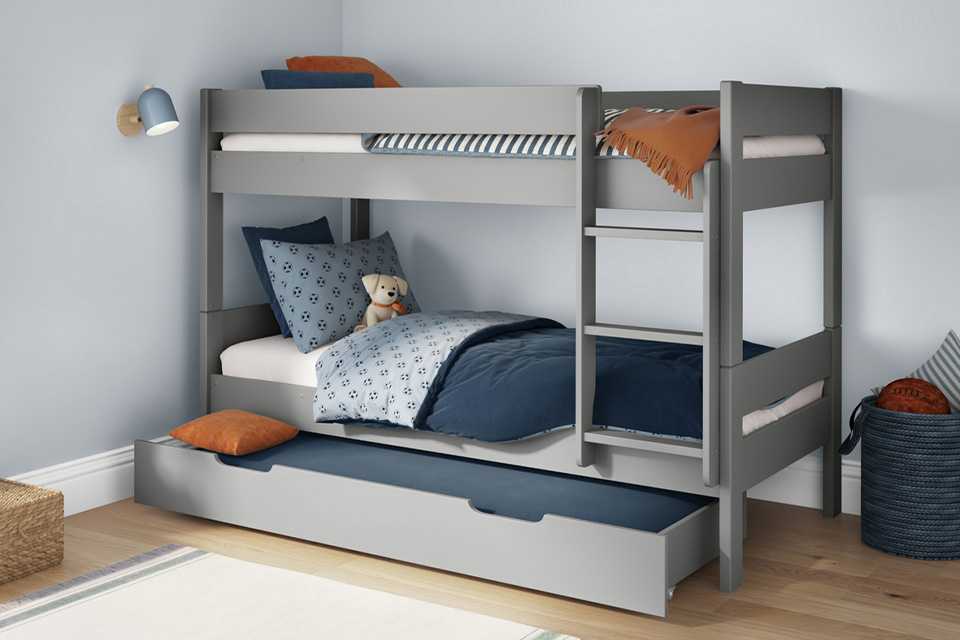 A Stompa compact single detachable bunk bed with open trundle and mattress in grey.