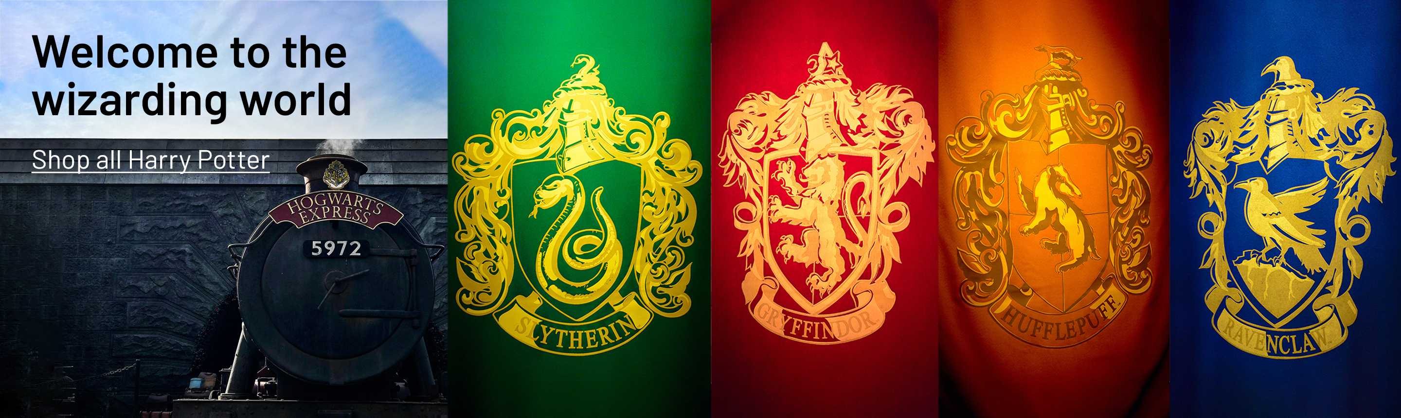 Hogwarts express and house-wise Harry Potter flags - Gryffindor, Slytherin, Hufflepuff, and Ravenclaw.