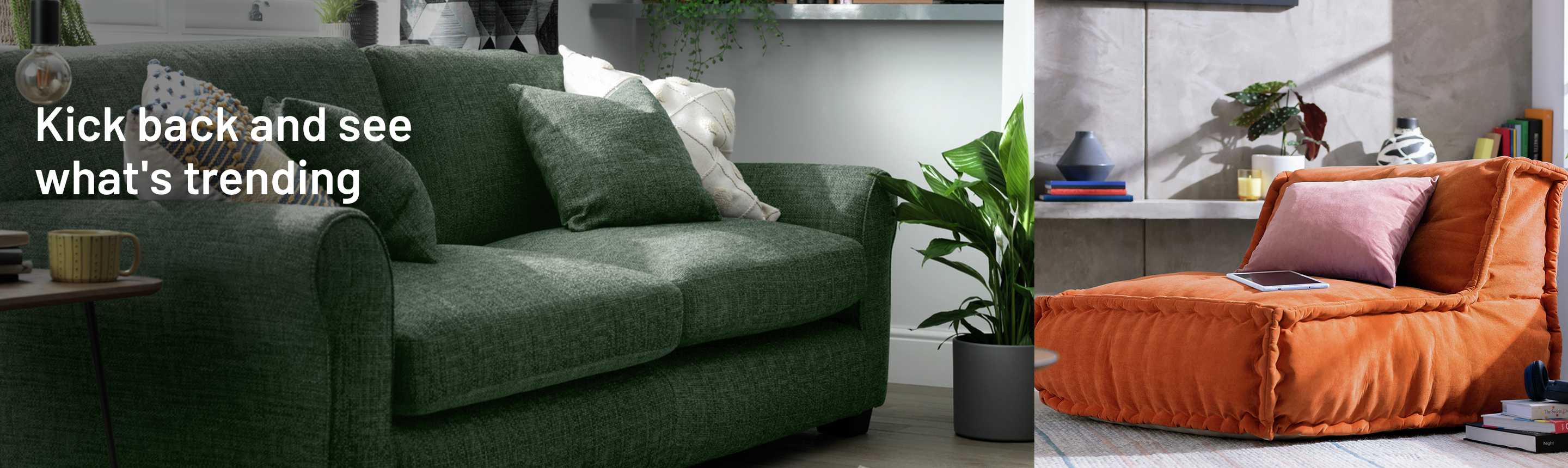 Throw pillows on a bottle green sofa and a tab and a pillow on a single seater sofa in different living room setups.