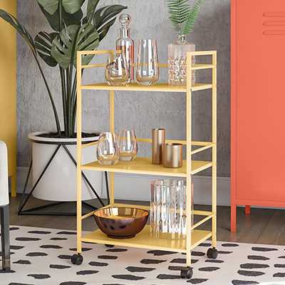 A Dorel Cache 3 Tier Kitchen Storage and drinks trolley in yellow.