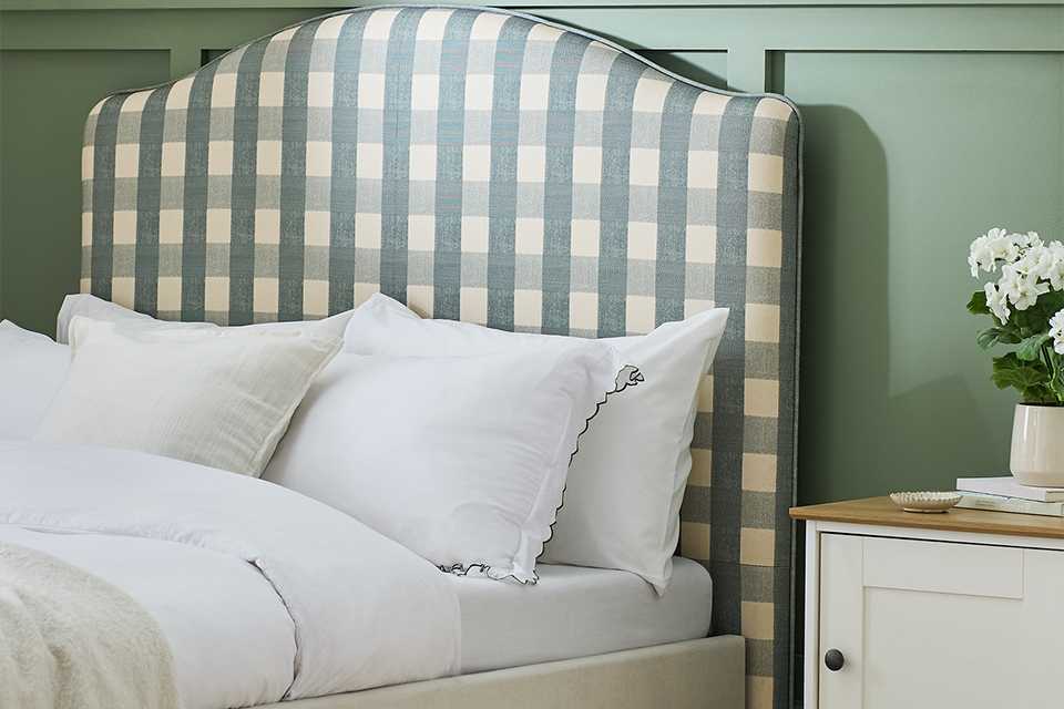 Argos Home Sutton Gingham headboard in blue colour.