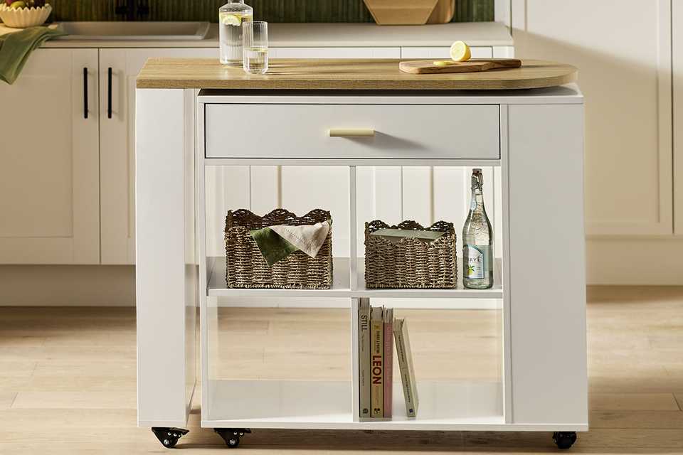 Argos Home Squares Wooden Bar Island in white colour placed in a kitchen.