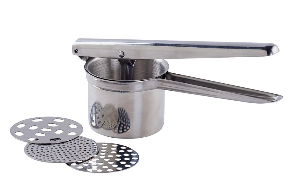 A metal potato ricer.