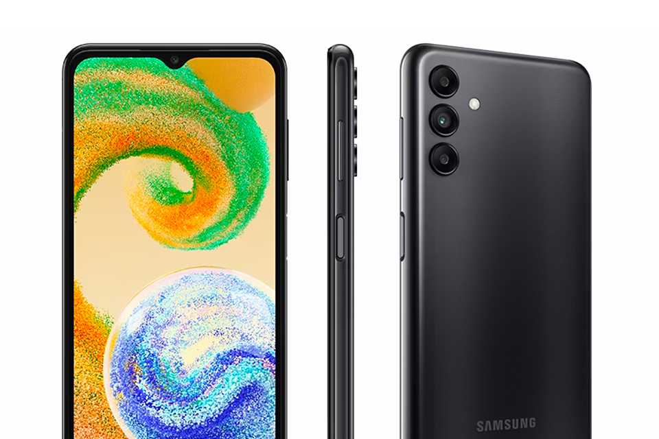 Three Samsung Galaxy A04s smartphones.