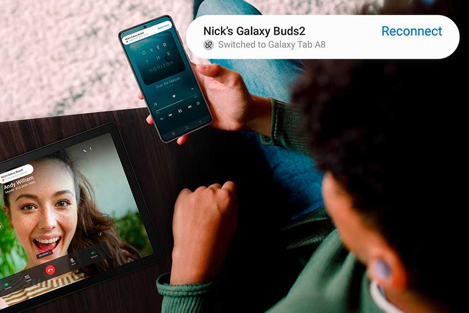 Buds syncing with tablet to take a call.