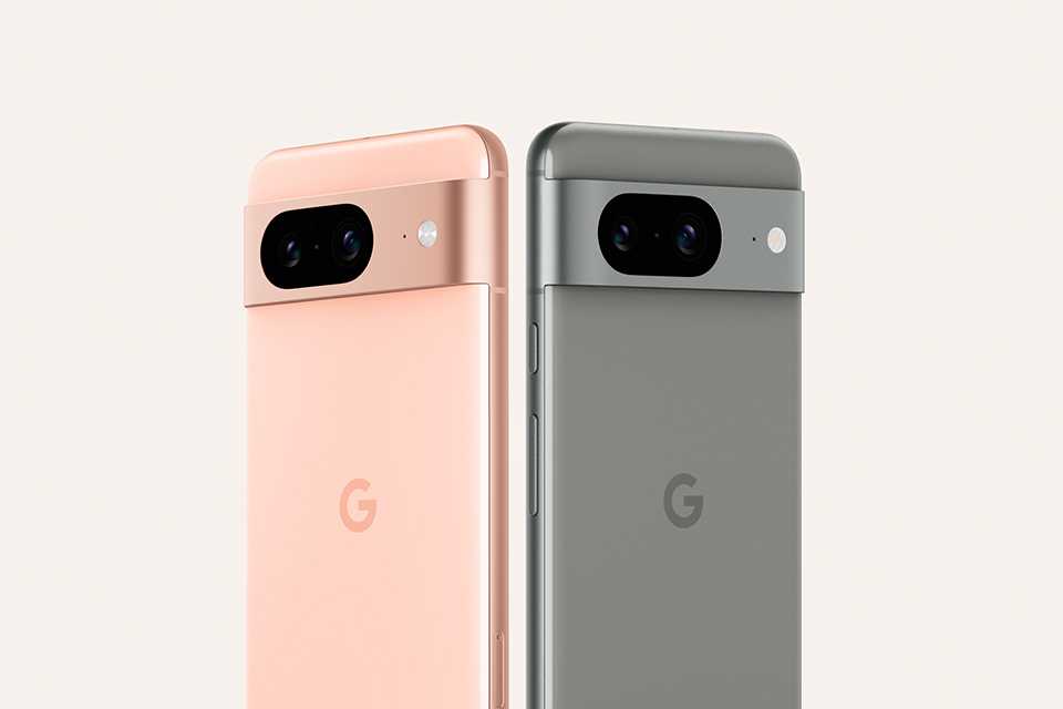 Two Google Pixel 8 smartphones displayed in Rose and Hazel colours.