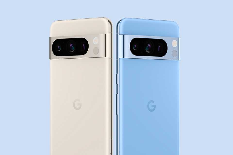 Two Google Pixel 8 Pro smarphones displayed in Bay and Porcelain colours.