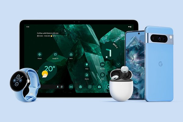 Google Pixel ecosystem including a tablet, smartwatch, wireless earbuds and two smartphones.
