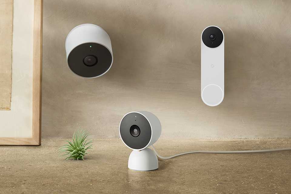 Two Google Nest cams and a video doorbell in a home setup.