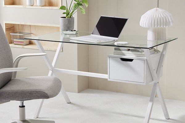 White and glass modern desk.