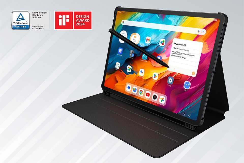 Home screen displayed on TCL NXTPAPER 14 tablet with T-pen against a white background.