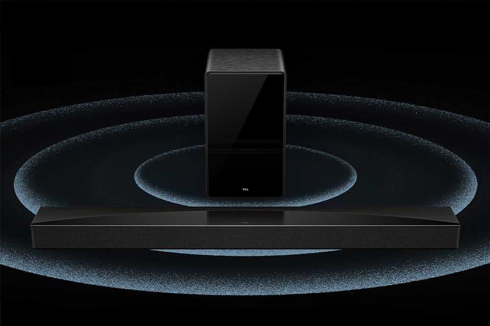 A TCL Bluetooth soundbar with wireless sub displayed against a black background.