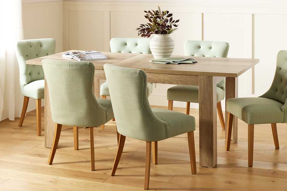 Argos Home Preston Extend Oak Dining Table & 6 Green Chairs.