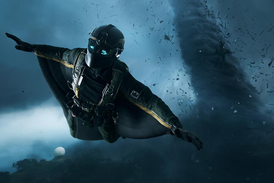 A futuristic soldier glides away from a tornado in a screenshot from Battlefield 2042.