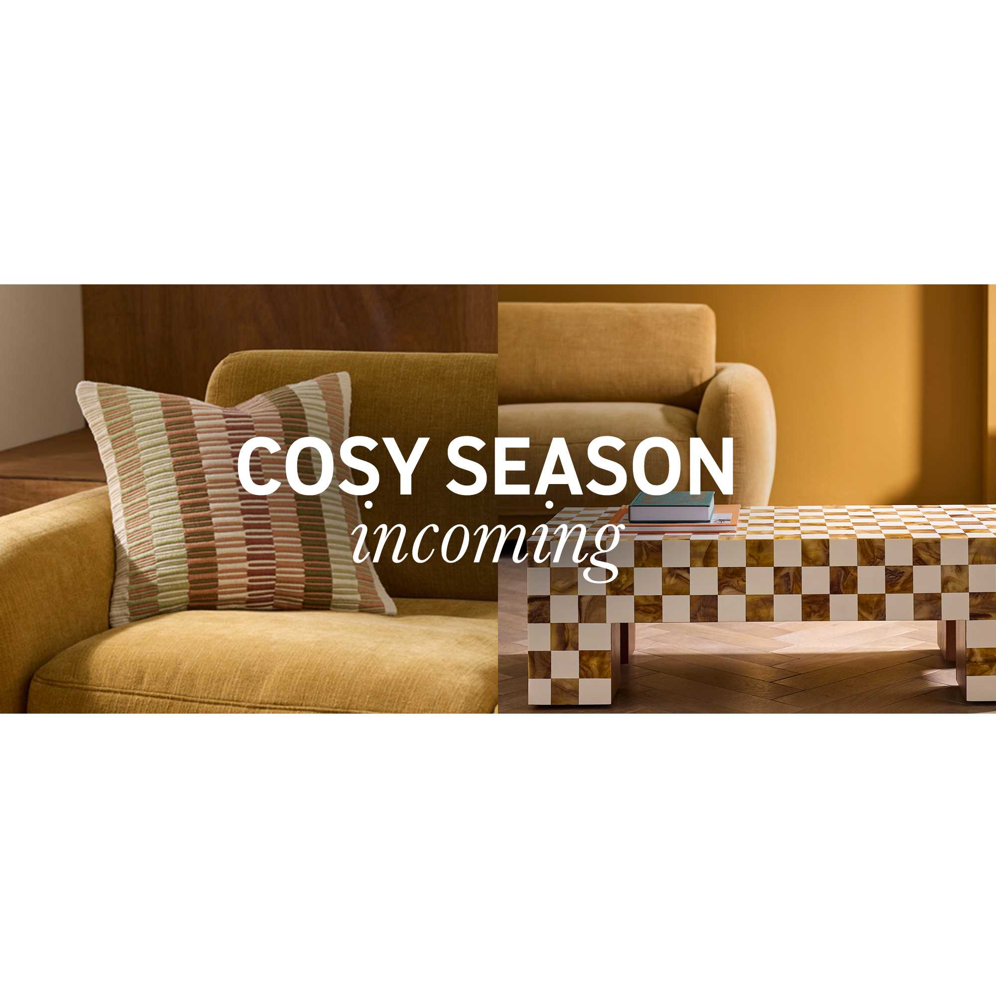A collage displaying a Habitat patterned cushion on a cosy sofa and a checked coffee table next to it.