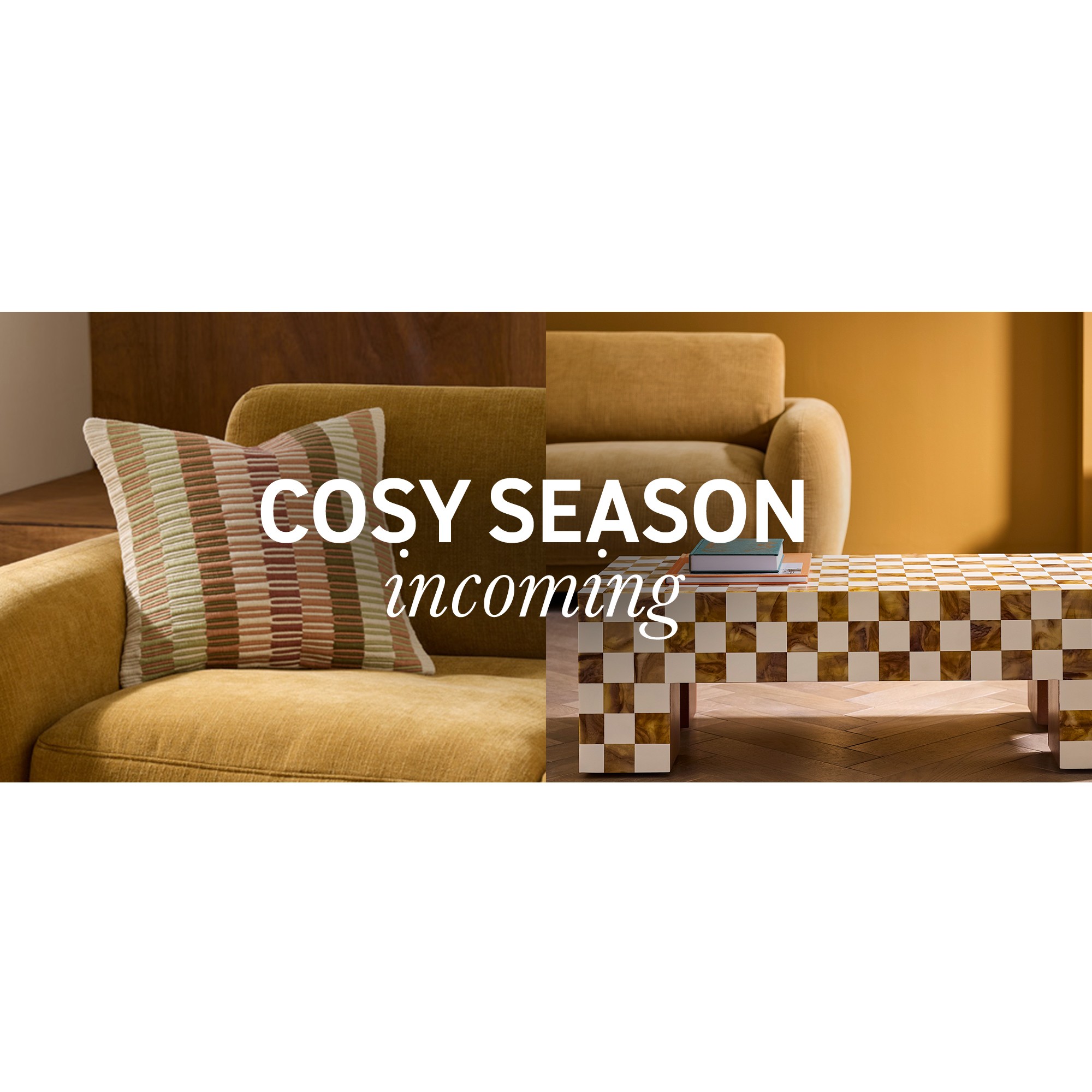 A collage displaying a Habitat patterned cushion on a cosy sofa and a checked coffee table next to it.